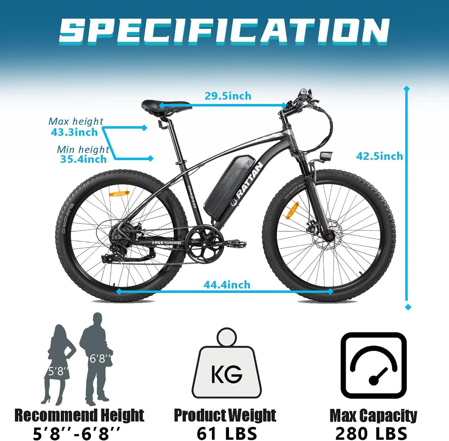 Rattan 350W/500W/750W Electric Mountain Bike 27.5/26'' Fat Tire Electric Bike for Adult 48V 13AH Removable Lithium-Ion Battery Fat Tire Beach Snow Ebike 7-Speed Gear (NONE2)